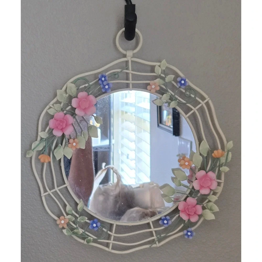 Vintage Floral Meal Wall Mirror Round Pink Blue Flower Vine Cottagecore Decor